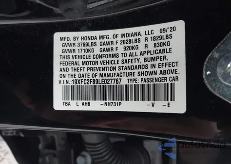 2020 Honda Civic Sport from USA, damaged, VIN 19XFC2F89LE027767